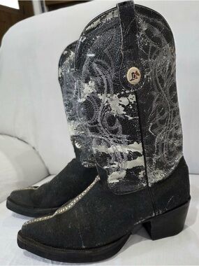 Black Western Cowboy Boots with Distressed White Pattern